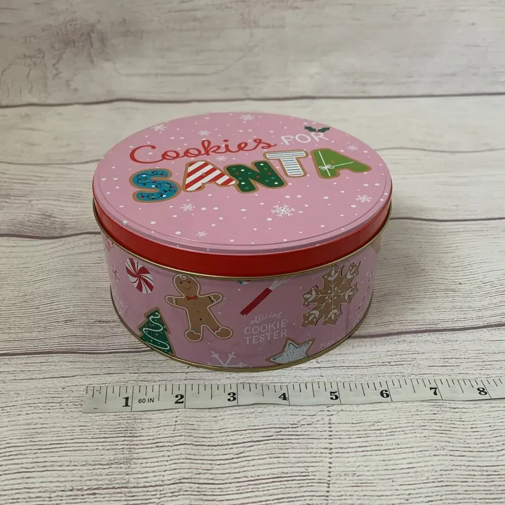Vintage Pink Christmas Cookies for Santa Tin Empty Metal Storage Box Snowflakes